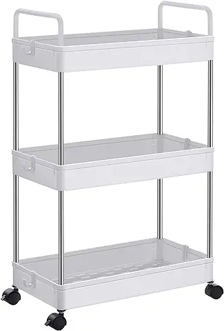 SONGMICS Carrito Auxiliar con Ruedas de 3 Niveles, Carrito Cocina Plástico, Carrito Estrecho Organizador, Ahorra Espacio, para Baño, Cocina, Oficina, con Asas, 40 x 22 x 67 cm, Blanco KSC019W01