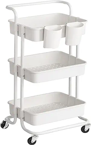 SONGMICS Carrito móvil con 3 Niveles, con Ruedas, Estante de Almacenamiento, con asa, 2 recipientes, 2 Frenos, cestas de plástico, Montaje fácil, para Dormitorio y Cocina, Blanco, BSC067W01