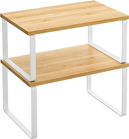 SONGMICS Estante para Especias, Juego de 2, Organizador de Armario, Estante de Almacenamiento de Cocina Extensible, Especiero de Metal y Madera de Ingeniería, Blanco Nube y Beige Natural KCS02NW  