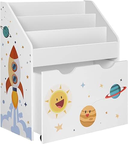 SONGMICS Estantería de Juguetes con 3 Compartimentos, Librería Infantil, Caja de Juguetes Móvil, con Ruedas, Multifuncional, para Habitación de los Niños y Sala de Juegos, Blanco GKR41WT  