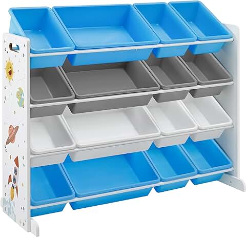 SONGMICS Estantería de Juguetes, Organizador de Juguetes de 4 Niveles para Niños con 16 Cubos de Plástico, para la Habitación Infantil, Sala de Juegos, Blanco, Azul y Gris, Navidad, GKR070W03  