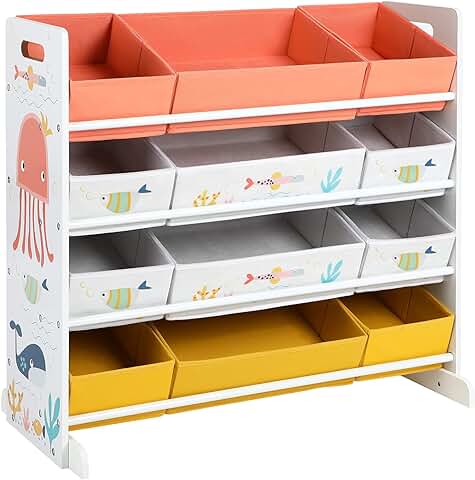 SONGMICS Estantería de Juguetes, Organizador Infantil con 12 Cajas de Tela No Tejida, para Libros, Estantería para Niños, para Sala de Juegos, Multiusos, Blanco GKRS04WT