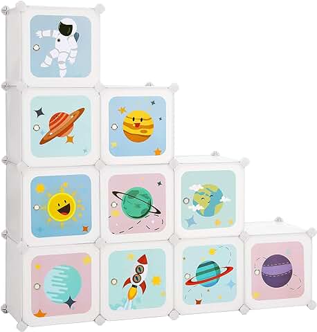 SONGMICS Estantería Modular Infantil de 10 Cubos, Organizador para Niños, Estantería de Plástico, Armario Modular con Puertas para Ropa, Zapatos, Juguetes, 123 x 31 x 123 cm, Blanco LPC903W01  