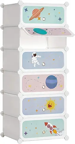 SONGMICS Estantería Modular Infantil de 6 Cubos, Zapatero para niños, Estantería plástico, Armario Modular con Puertas, para Ropa, Zapatos, Juguetes, 31 x 43 x 105 cm, Blanco Nube LPC904W01