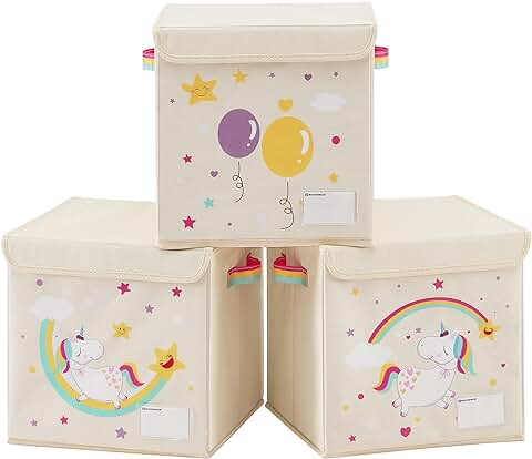 SONGMICS Juego de 3 Cajas de Almacenamiento de Niños con Tapa, Organizador de Juguetes, 30 x 30 x 30 cm, Cubos Plegables, para Dormitorio, Cuarto de Juegos, Patrones de Unicornio, Beige RFB710W03  