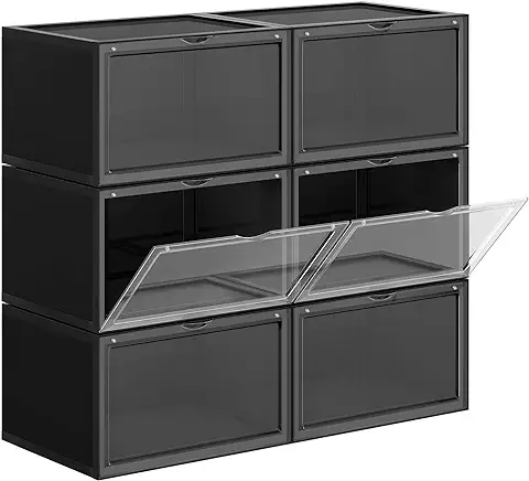 SONGMICS LSP06CB - Juego de 6 Cajas de Zapatos Apilables con Puerta de Plástico, Tamaño Hasta 46 x 28 x 22 cm, Color Negro  