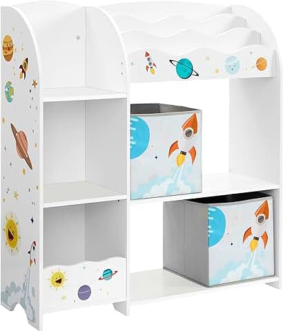 SONGMICS Organizador de Juguetes y Libros para Niños, Estantería de Almacenamiento Multifuncional con 2 Cajas, Gran Capacidad, Tema Universal, para Dormitorio, Salón, Blanco GKR42WT  