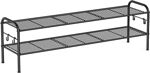 SONGMICS Zapatero, Organizador Zapatos de 2 Niveles, Estante Metálico para Zapatos con 4 Ganchos Laterales, para 12 Pares, Altura Ajustable para Entrada, Pasillo, Armario, Fácil Montaje, Negro Tinta  