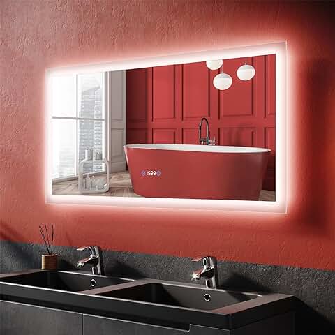 SONNI Espejo Baño con Luz Regulable 120x60 cm Espejo Baño LED Antivaho Pared,con Reloj/Indicador de Temperatura e Interruptor Táctil  