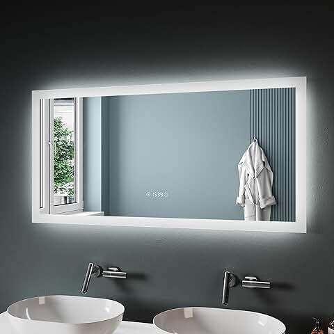 SONNI Espejo de Baño con Iluminación 120 x 60 cm, 3 Colores de luz Ajustables, Antivaho LED, Espejo de Pared con Interruptor Táctil, Reloj, Temperatura  