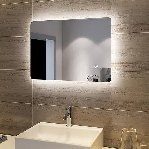 SONNI Espejo de Baño con Luz LED con Interruptor Tátil 70x50 cm Blanco Frío IP44 Espejo de Pared de Ahorro de Energía  