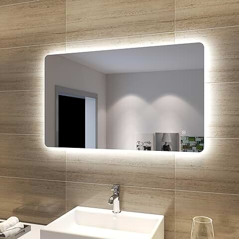 SONNI Espejo de Baño LED 100x60cm, Espejo con Iluminación Blanco Frío Función Antiniebla, Espejo de Pared, Interruptor Táctil, Esquina Redonda  