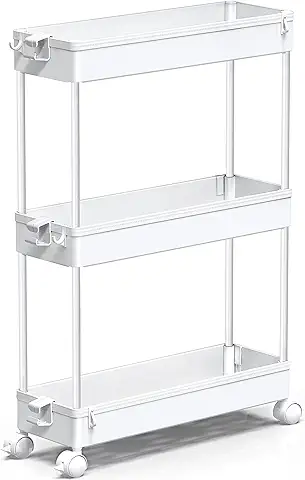 SPACEKEEPER Carro de Almacenamiento de 3 Niveles, Delgado, Móvil, Organizador de Estantes, Deslizable, Rodante, Utilitario, Estante de Cocina, Baño, Lavandería, Oficina, Lugares Estrechos, Blanco  