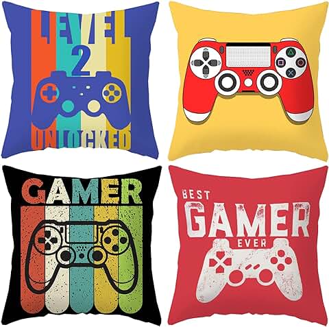 Spldsun 4 Piezas Funda de Almohada con Alfabeto, Fundas de Cojín de Juego, Funda de Cojín de Videojuegos Fanáticos de Juego Fiesta Temática de Videojuegos Sofá Dormitorio  