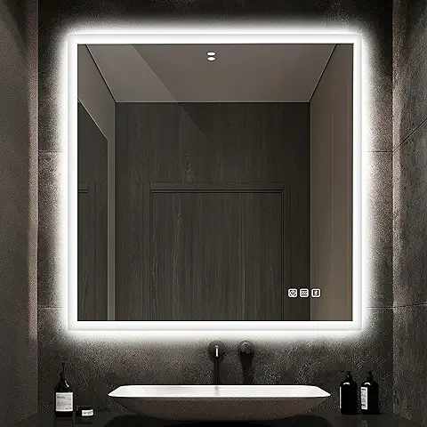 STARLEAD Espejo-Baño-con-Luz 80x80cm, Espejo-Baño-LED Bluetooth y Desempañador, Regulable y 3 Temperaturas de Color, Función de Memoria, IP44 Cuadrado Espejos-de-Baño-con-LED, Horizontal/Vertical  