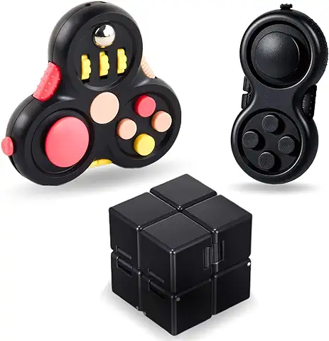 Steemjoey Juego de 3 Juguetes Fidget Set, Juguetes Black Fidget Toy Fidget Pad y Infinity Cube Fidget Toy Juguete Antiestrés Stress Retro Controller para ADHS Niños y Adultos Anti-ansiedad Anti-Stress  