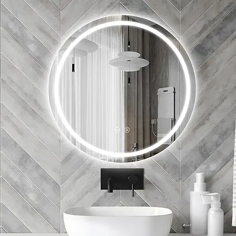 Sunrik LED Espejo de Baño Redondo de 50 cm, Espejo de Baño con Iluminación con 3 Colores de luz Regulables, Espejo de Baño con Función de Memoria e Interruptor Táctil, IP44 Ahorro de Energía  