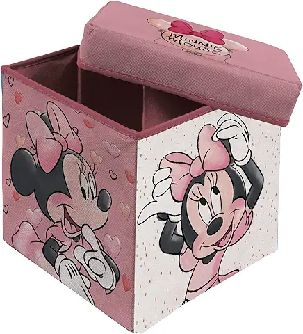 Superdiver Caja de Almacenaje Plegable con Tapa de Minnie Mouse - Licencia Oficial Disney - Silla Taburete Infantil con Baúl para Guardar Cosas - Organizador de Juguetes para Niñas - 31x31x31 cm  