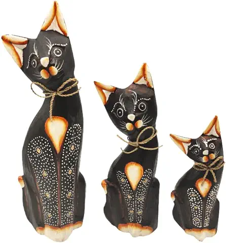 SusggO Set de 3 Figuras de Animales de Madera, Gato de la Suerte, Buho de la Suerte, Tortuga, pez Peces. Decoracion, Tallado a Mano, Artesania Adorno Mueble (3 Gatos Marron Puntos Mod 1 GMPT1)  