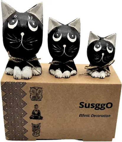 SusggO Set de 3 Gatos de Madera. Hechos a Mano Artesania Figuras Gatos Decorativos Decoracion Tallado a Mano Gato de la Suerte Adorno Mueble (Negro Detalles Blancos Negro GNB)  