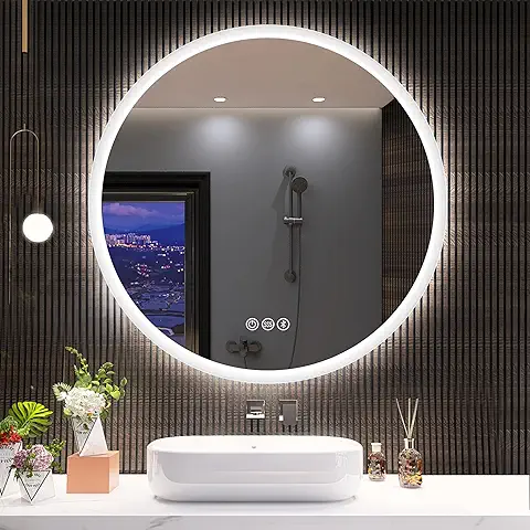 S'bagno 60 cm Espejo de Baño Redondo con Iluminación LED, Espejo Baño con Luz Altavoz Bluetooth Integrado, Redondo Espejo Baño led con Atenuación de Cambio de Color Antivaho  