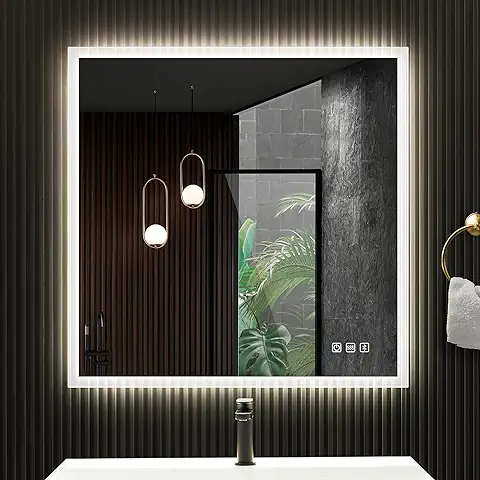 S'bagno 80 x 80 cm Espejo de Baño Iluminado con LED, Espejo Baño con luz con Altavoz Bluetooth Incorporado, Función de Atenuación, Cambia de Color, Almohadilla Antivaho  