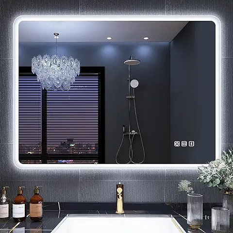 S'bagno Espejo Baño con Luz 60 x 80 cm, Espejo de Baño Iluminado por LED con Atenuación Antivaho, Cambio de Color y Altavoz Bluetooth [Clasificación IP44] Espejo de Pared Retroiluminado Rectangular  