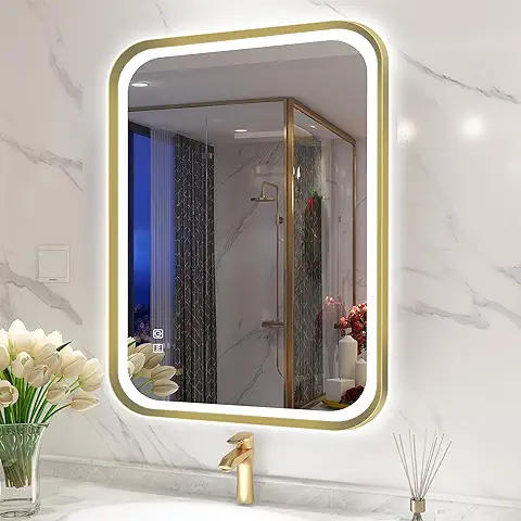 S'bagno Espejo Baño con Luz con Marco de Aluminio Dorado, 80x60cm Espejos de Baño con Led Antivaho/Regulable/ 3 Temperaturas de Color, Espejo Led Baño con Memoria/ IP44/ Horizontal o Vertical  