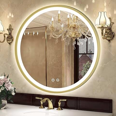 S'bagno Redondo Espejo Baño con Luz con Marco de Aluminio Dorado, 600mm Diámetro Espejos de Baño con Led con Antivaho/Regulable/ 3 Temperaturas de Color, Espejo Led Baño con Memoria/ IP44  