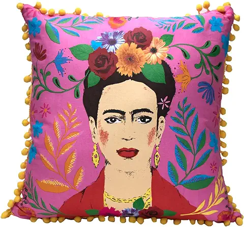 Talking Tables Cojín y Funda de Frida Kahlo Rosa con Pompones, Almohada Decorativa Boho para Decoración del Hogar, Regalos Inspiradores para Mujeres, Dormitorio, Sofá, Silla  