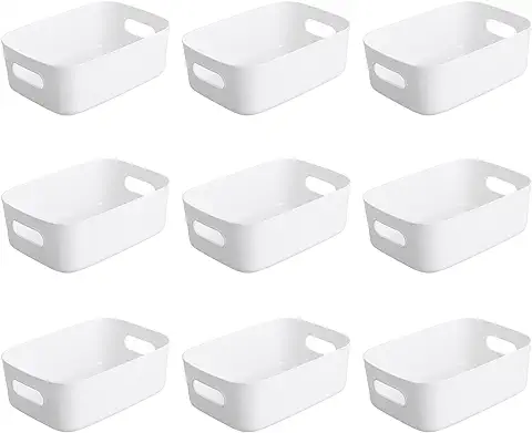 Tcdwla 9Piezas Cestas Almacenaje,Cajas Almacenaje Plastico,Organizador Cocina,Caja Almacenaje Organizador con Asas para Baldas,Oficina,Frigorífico,Baño,Hogar, 20x14,5x7cm (Blanco)  