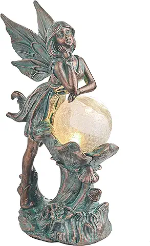 TERESA'S COLLECTIONS Figuras de Hadas de Jardín Exterior, Estatua Grande con Luces Solares, Decoracion de Ángel Que Sostienen su Mejilla, Decoraciones de Patio (Bronce)  