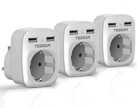 TESSAN 3 Paquetes Adaptador Enchufe Ingles UK Inglaterra Adaptador de Viaje con 2 USB (2.4A), Español 2 Patas Europa Hacia 3 Patas Reino Unido RU para Irlanda Escocia Britanico （Tipo G） Blanco  