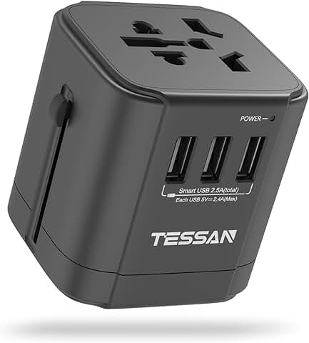 TESSAN Adaptador de Viaje, Adaptador Enchufe con 3 USB, Adaptador Corriente para Americano, USA, Reino Unido, UK, Inglés, Japón, Londres, Canadá, Cargador Universal para Otros Países  