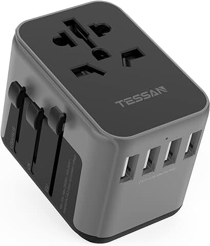 TESSAN Adaptador Enchufe Universal, Enchufe Universal Viaje con 4 USB, Adaptador de Viaje para USA, UK, Irland, Austuralia, Cargador Universal para Más de 224 Países, Travel Plugs, Negro  