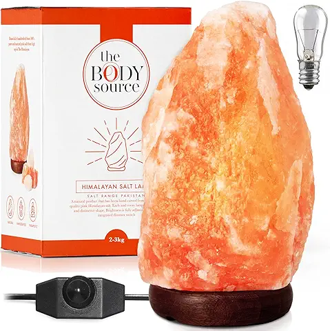 The Body Source Lámpara de Sal del Himalaya (3-5 KG) con Regulador de Intensidad - 100% Natural y Hecha a Mano con Base de Madera + Bombilla de Repuesto Incluida  