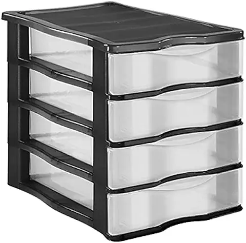 TIENDA EURASIA® Cajonera de Plastico de Sobremesa Apilable - Estructura de Color y Cajones Transparentes - Ideal para Organizar el Escritorio (Negro, 4 Cajones - 36 x 31 x 28 cm)  