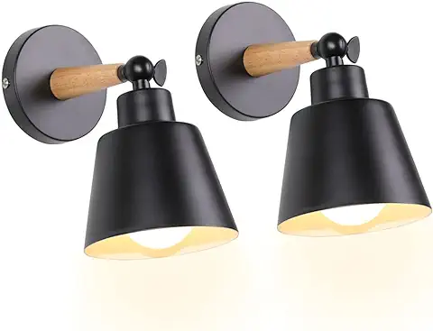 TOKIUS 2 Piezas Aplique de Pared Moderno, Lámparas de Pared para Dormitorio E27 Iluminación Interior Luz de Pared Simple en Madera y Metal Ajustable Lámparas para Salón Pasillo (Negro)  