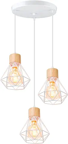 TOKIUS 3 Luces Lámpara Colgante Vintage 16CM Retro Lámparas de Techo Diseño de Jaula Blanco Luz Colgante en Madera Hierro E27 Iluminación de Techo de Interior para Pasillo Dormitorio (Araña 3 Luces)  