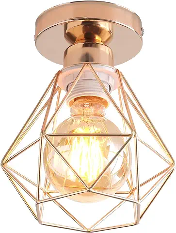 TOKIUS Lámparas de Techo Diseño de Jaula de Hierro Dorado Ø 16cm Vintage Lámpara Colgante Iluminación de Techo de Interior para Pasillo, Porche, Cocina, Dormitorio (# Plafón Oro)  