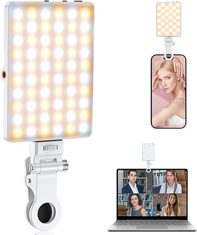 TONEOF Luz Selfie Portátil, Luz de Teléfono Recargable 60 LED con Clip&Doble Orificio Tornillo de 1/4", Luz de Cámara 2500-9000K, para IPhone, Android, Computadora Portátil, Tableta-Blanco  