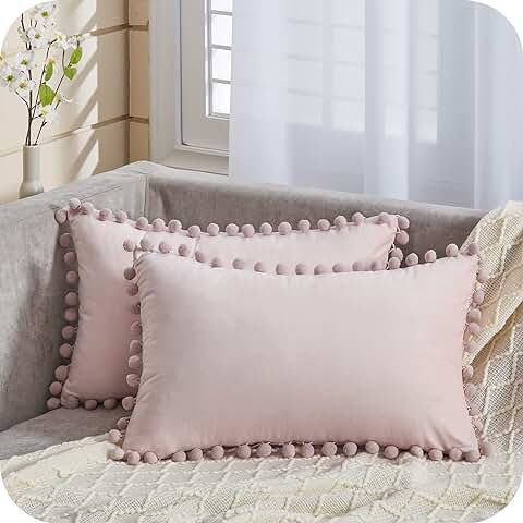 Topfinel Juego de 2 Cojines Fundas Terciopelo Decorativa Hogar Almohadas Fundas con Pelota de Color Sólido para Cama Sofás Sala de Estar Dormitorio Sala de Estudio Jardín Coche 30x50cm Rosa  