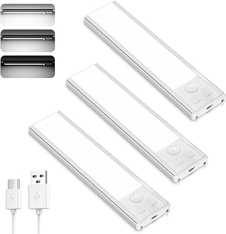 TOPPLEE Luz LED Armario, Luz Nocturna con Sensor Movimiento, 3 Piezas Regulable Lampara Adhesiva, USB Recargable para Gabinete, Cocina, Escalera, Pasillo, Sótano, Garaje - Blanco Frio  