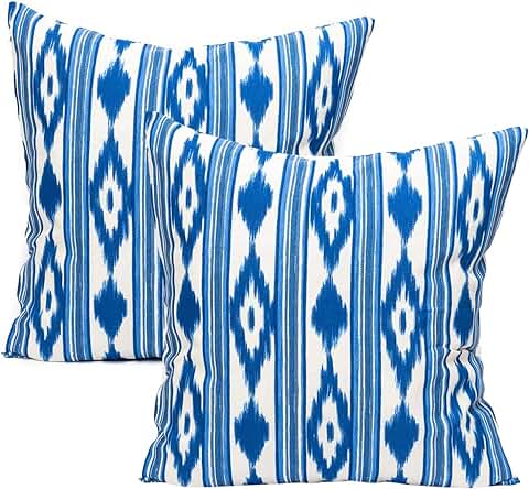 TRESMESTRES Fundas de Cojines para Sofá de Jardín, Salón y Terraza - Ikat Mediterráneo - Cubiertas de Cojines para Sofá Grandes y Pequeñas - Funda de Cojín 30x50 cm - Set de 2, Azul