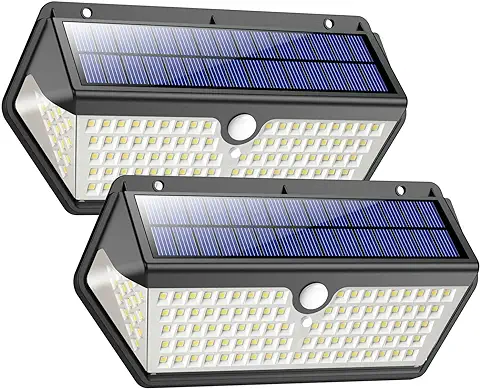 Trswyop Luz Solar Exterior, 128 LED 2200mAh 3 Modos Luces Solares Foco Solar Exterior con Sensor de Movimiento 270°Gran Angular Impermeable Lampara Solar Exterior Para Jardín (2 Paquete)  
