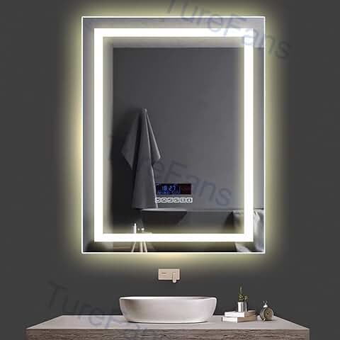 Turefans Espejo de Baño, 24W + LCD Pantalla（Fecha, Hora, Temperatura） + Interruptor Táctil + Anti-vaho + Audio Bluetooth + LED de Color Ajustable (Blanco Frío/Blanco Cálido), 60 * 80 cm  