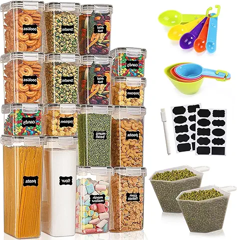 TWBEST Botes Cocina Almacenaje,Recipientes para Alimentos de Plástico 16 Piezas,Sin BPA con Etiquetas,Cuchara, Herméticos para Cereales Harina,Pastas,Café  