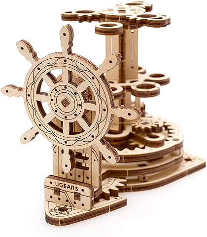 Ugears - Puzle 3D para Adultos y Niños Timón Portalápices, Maqueta Mecánica Funcional Rompecabezas, Kit de Construcción DIY, Juguete Educativo para Familia, Set de Artesanía de Madera Ecológica  