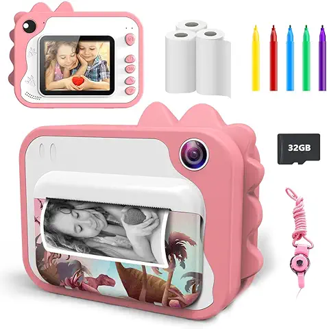 Ukuu Cámara Digital para Niños, Recargable Cámaras Fotos con Pantalla de 2,0" Incluye 3 Rollos Impresión Papel, 32GB TF y Bolígrafos de Colores Regalos Ideale para Niños Niñas de 3-12 Años Rosa  