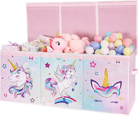 Unicornio Caja Almacenaje Infantil - Grande Organizador de Juguetes asa Clasificación con Tapa Niñas Chica Rosa Juguetes Almacenaje Plegable 96 x 32 x 40 cm para Dormitorio Guardería del Armario  